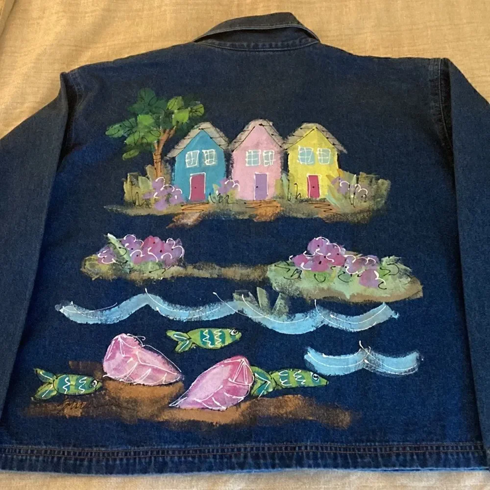 Casey Coleman NWOT Hand Painted Denim Barn Jacket in Dark Wash. Size S/M. - Picture 2 of 10